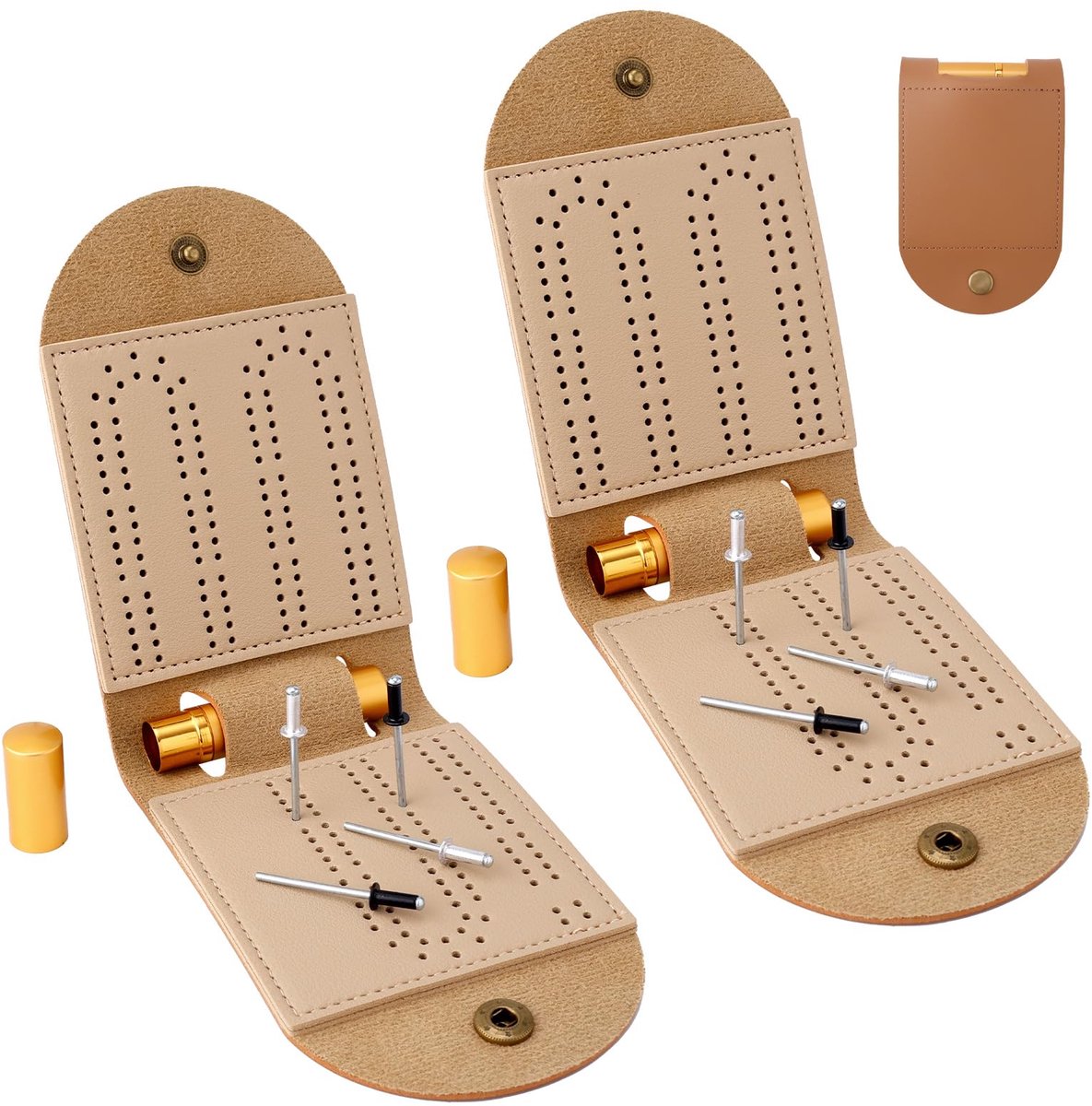 Set van 2 Cribbage-bordspellen, draagbaar en opvouwbaar PU mini 2-track Cribbage-bord met 8 metalen pinnen en 2 opbergvakken, ideaal voor familie en vrienden
