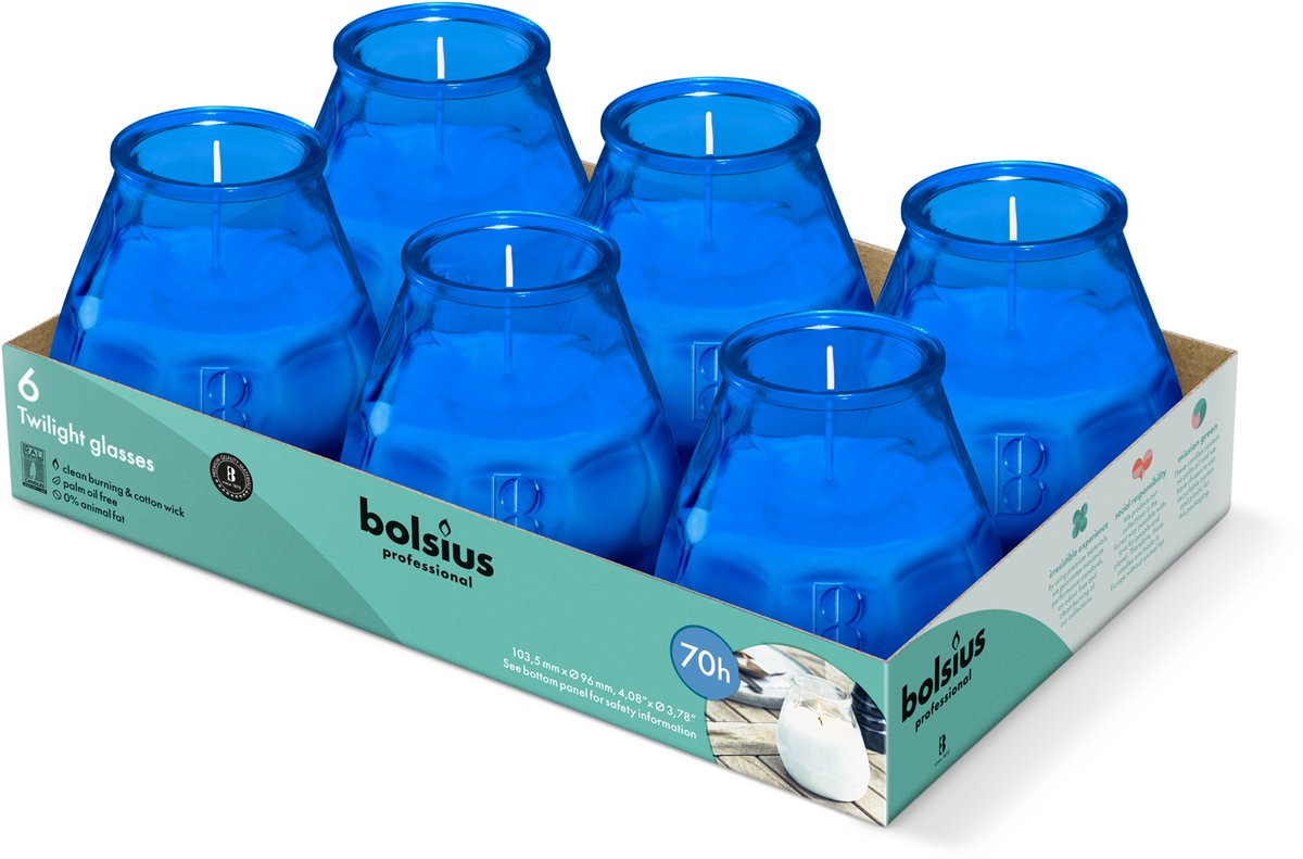 Bolsius Twilight - Kaars in glas - Patio - Blauw - Tray 6 - 70 branduren