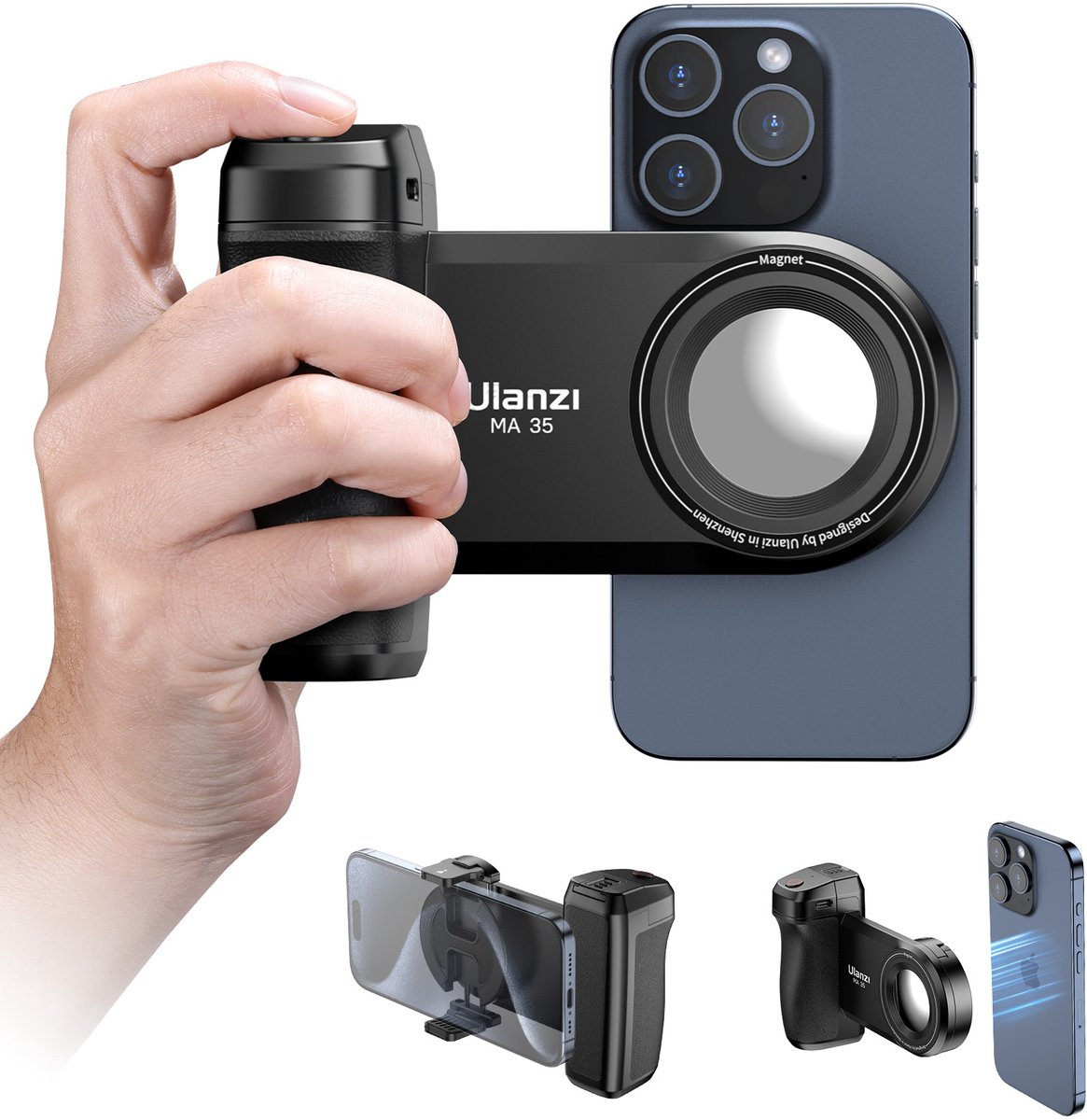 Ulanzi MA35 - Magnetische Smartphone Grip - MagSafe compatibel - Maak van je smartphone een camera - Universeel voor alle smartphones - Ergonomisch handvat - Zwart