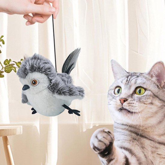 Een kat kijkt met groene ogen naar een hangende pluche vogel die door een hand wordt bewogen.