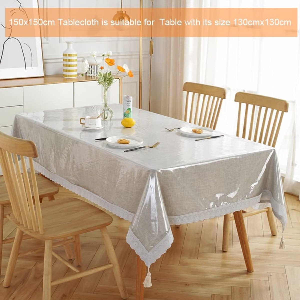 Transparant Tafelkleed 150x150 cm - Waterafstotend Tafelplastic met Witte Sierrand
