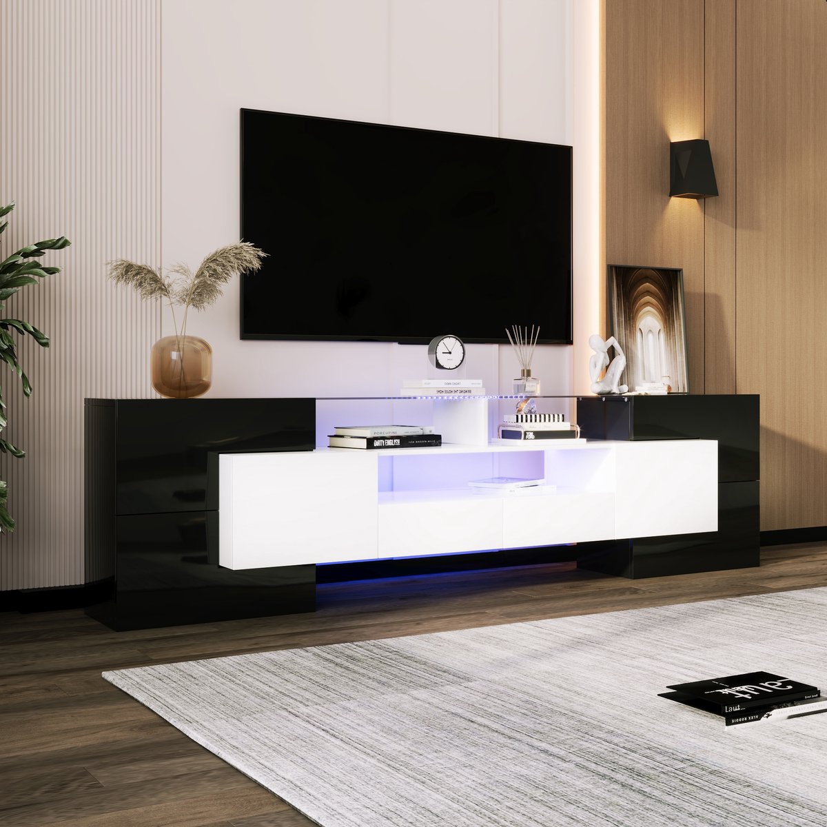 Wishdor - Tv-Meubel - Met Led-Verlichting - 4 Deuren En 2 Lades - Hoogglans - Spaanplaat E