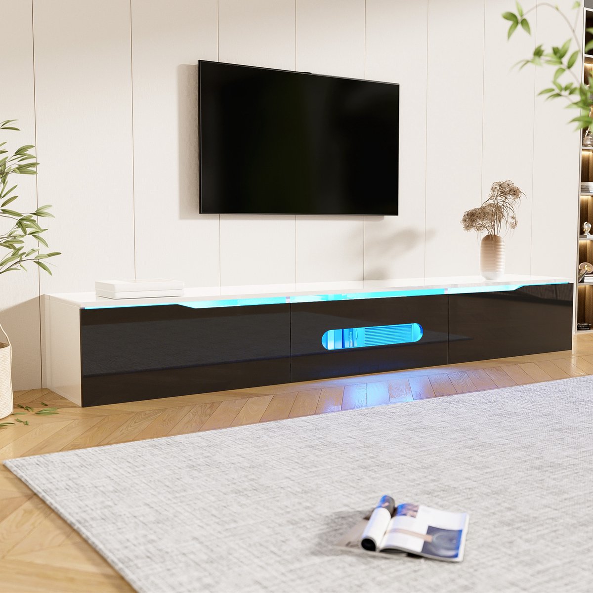 Wishdor Tv-Meubel - Hoogglans En Mat - Met Ledverlichting - Met 3 Deuren Met Demping - Wandmontage Of Vloerstaand - Zwart/Wit - 180 X 35 X 30 Cm