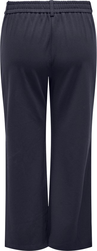 Donkerblauwe broek met wijde pijpen en elastische tailleband.