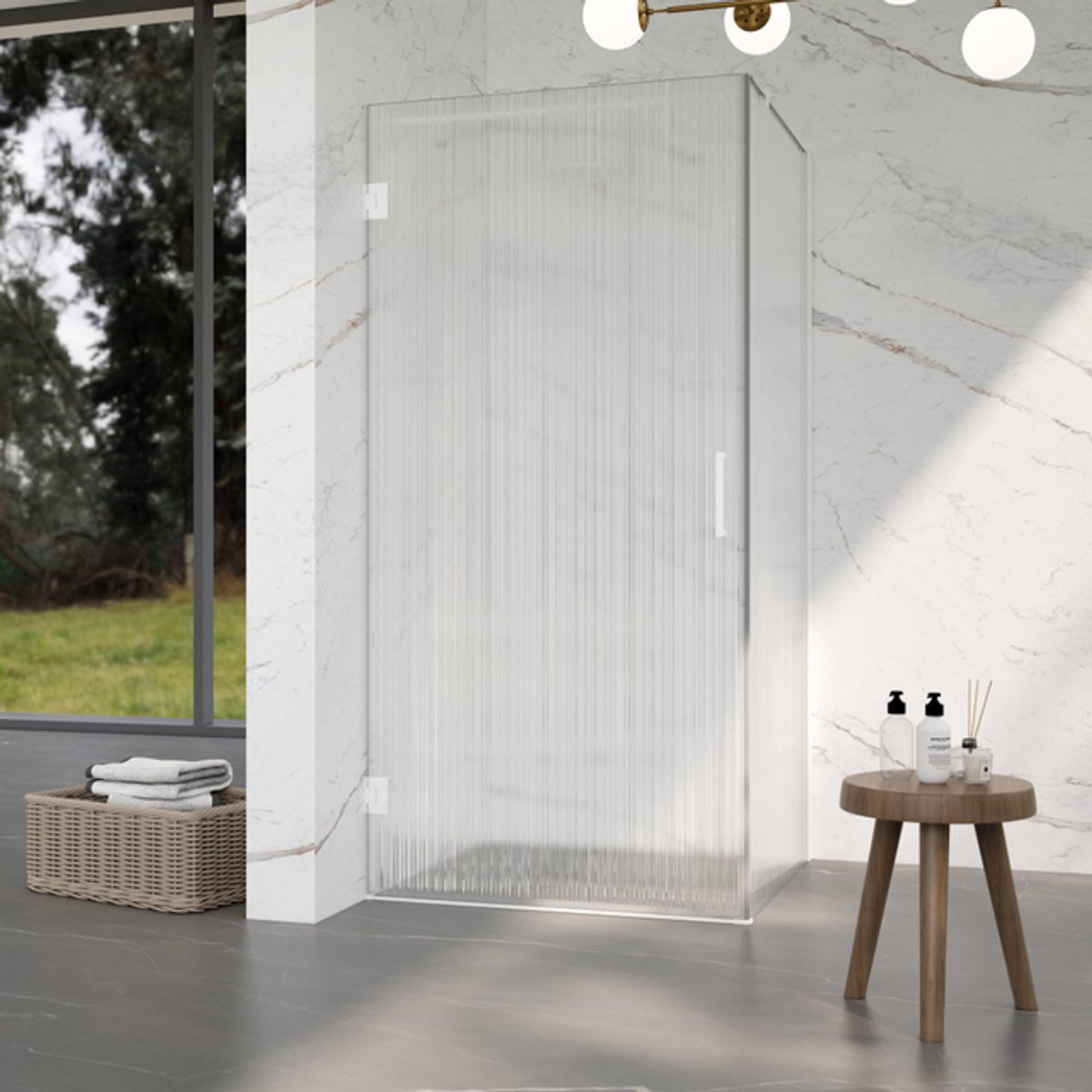 FugaFlow Eccelente Vetro Douchecabine - 90x120x200cm - scharnieren - deurgreep - stabilisatiestang - helder geribbeld - veiligheidsglas - Mat wit