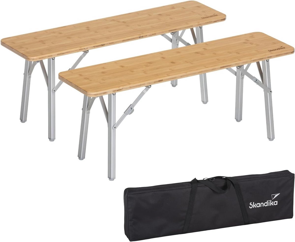 Set van 2 opvouwbare bamboe banken voor camping en tuin - weerbestendig en draagtas inbegrepen