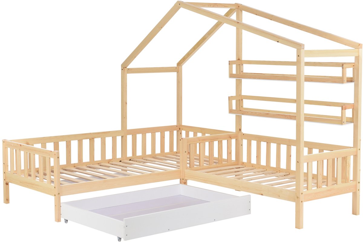 REDOM Huisbed L-vorm 90x200 + 140x70 cm – Massief hout naturel – Met laden & rekken – Ruimtebesparend