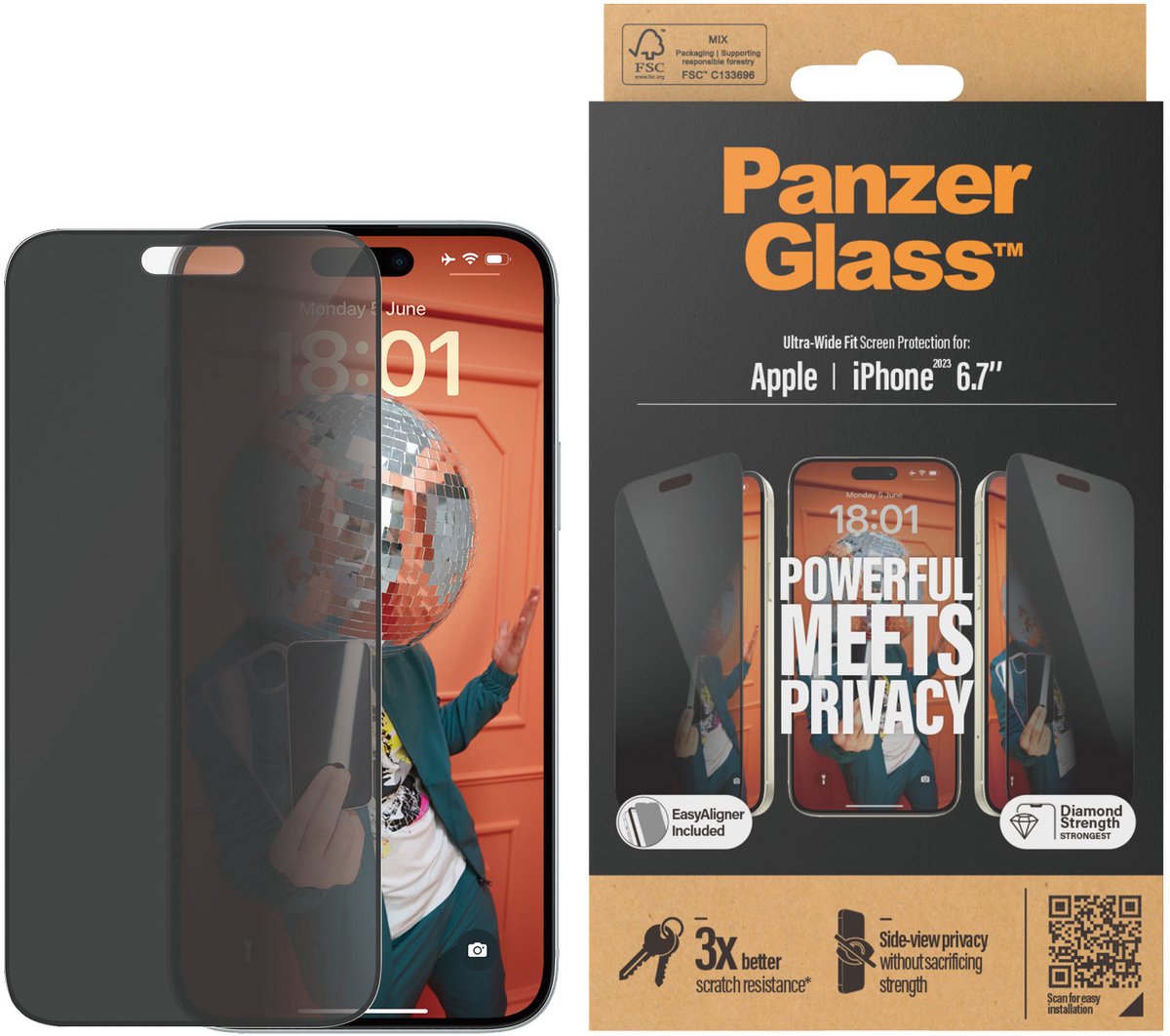 PanzerGlass Screenprotector geschikt voor Apple iPhone 15 Plus Glazen | PanzerGlass Ultra-Wide Fit Screenprotector Privacy - Case Friendly + Installatie Frame