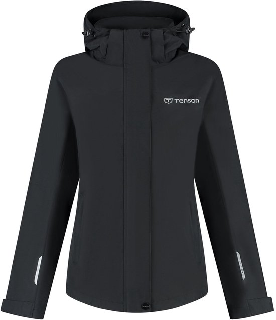 Veste noire Tenson pour femme avec capuche, logo sur la poitrine et bandes réfléchissantes sur la manche.