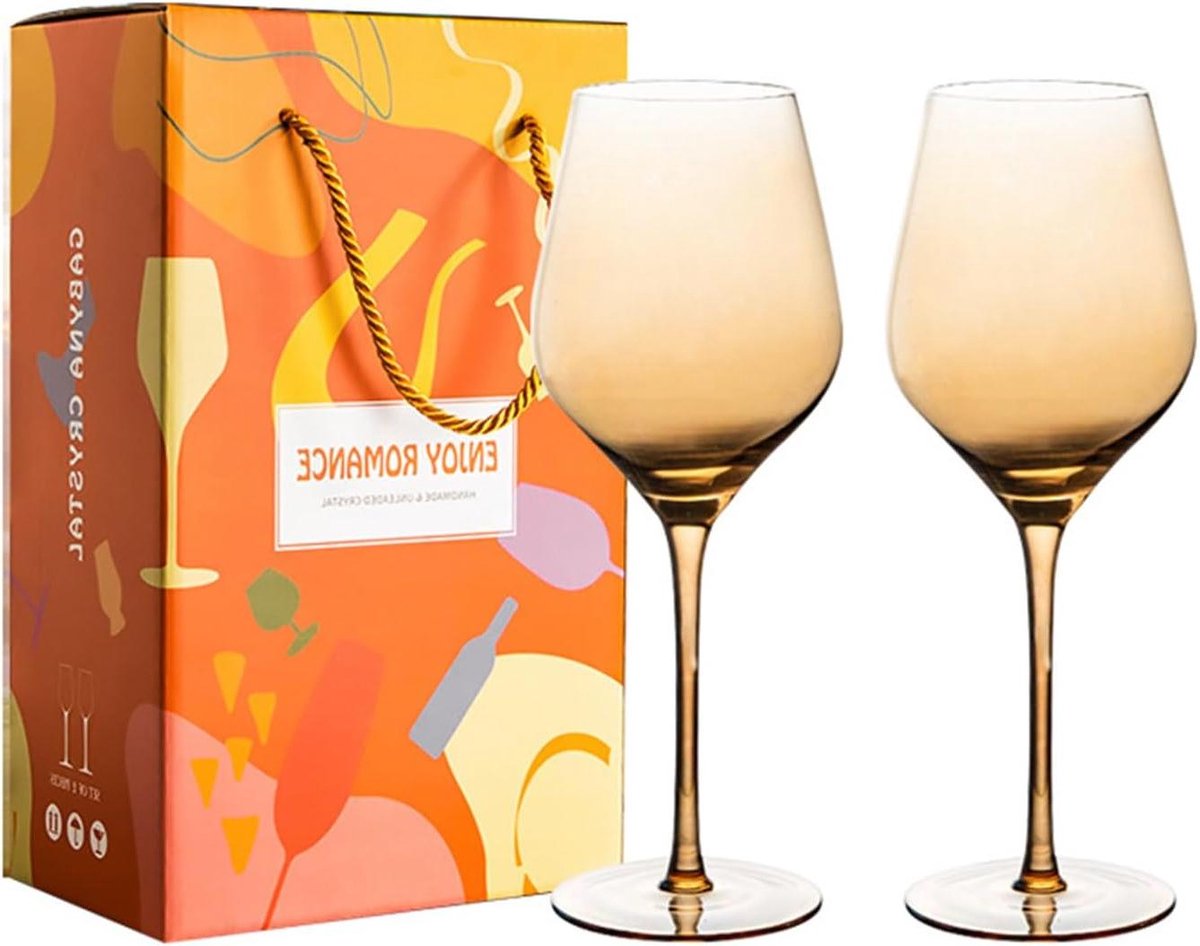 Provento - Set van 2 gekleurde wijnglazen voor witte of rode wijn, tulpvormig glaswerk voor feestjes.