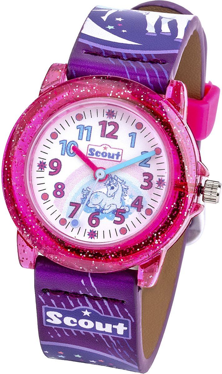 Scout Kinderuhr analog aus der Serie "Crystal" mit lila pinkem Kunstlederband, Einhorn- und Fee-Motiven und Quarzwerk