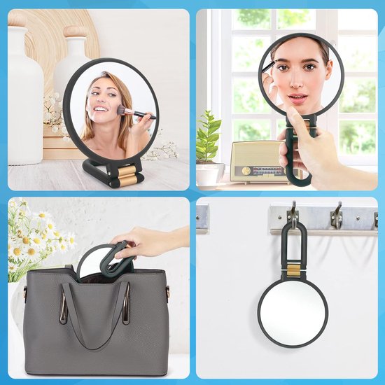 Collage van een inklapbare spiegel in gebruik: make-up aanbrengen, in een tas stoppen, en opgehangen.