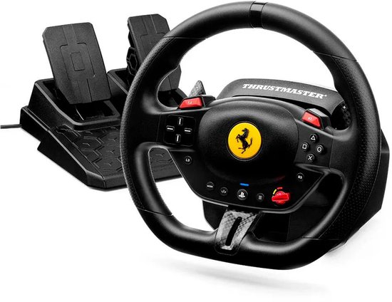 Zwarte race wheel met Ferrari-logo en pedalen.