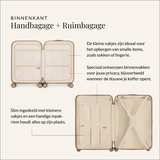 Binnenkant van twee beige SUITSUIT koffers, een kleine en een grote, met diverse opbergvakjes.