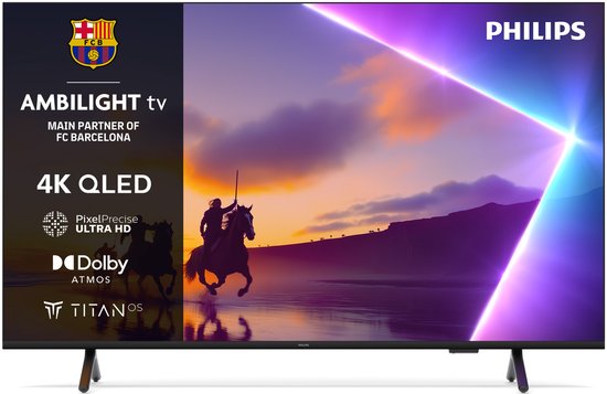 Philips 4K QLED Ambilight TV, hoofdsponsor FC Barcelona. Grote foto van een ruiter op een paard bij zonsondergang.