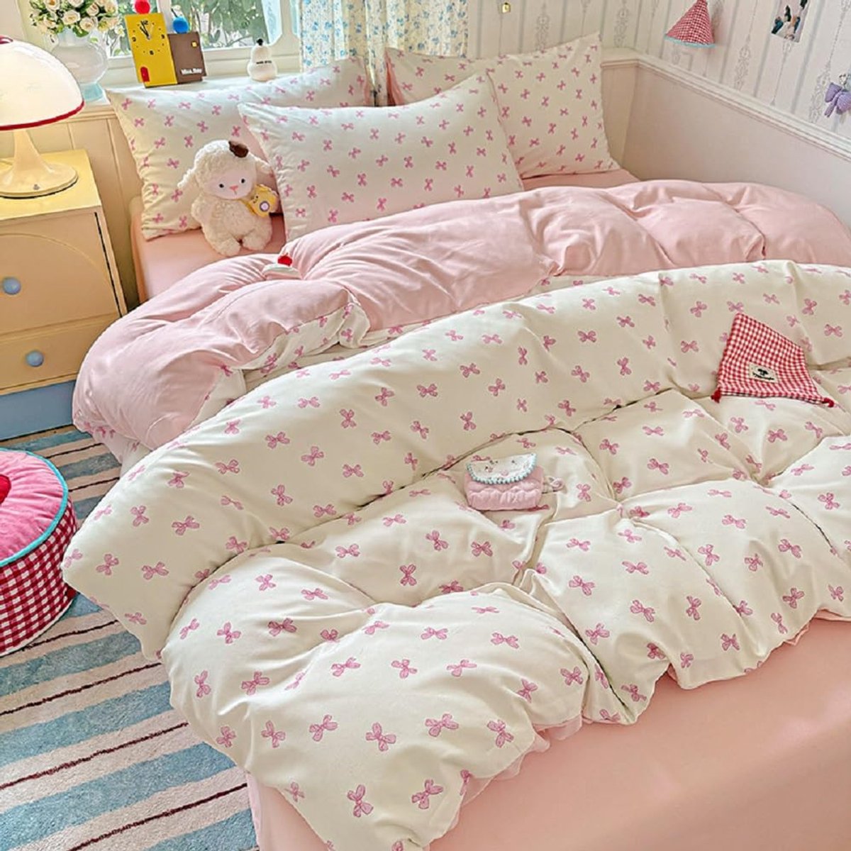 Unyqoos Omkeerbare microvezel beddengoedset met roze strikken en kussensloop