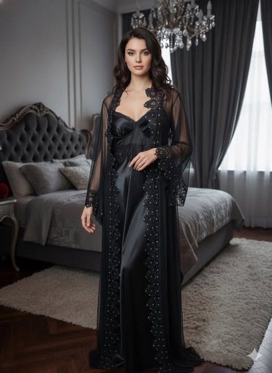 Nachtmode set met Kant & Tule | Elegante Lange Nachtjurk – Romantische Lingerie in Retro Stijl, 2-delig