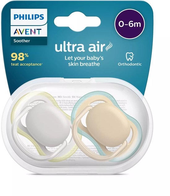 Philips Avent Ultra Air Fopspeen - 0 tot 6 Maanden - 2 Speentjes - Beige/Grijs - SCF085/15