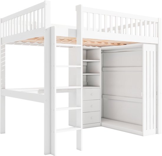 Lit mezzanine Merax 140x200 cm - avec bureau - armoire - 3 tiroirs - escalier - lit en bois avec espace de rangement - lit enfant avec bureau - Wit - sans Matras