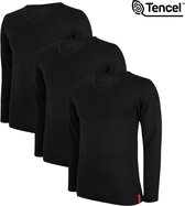 Drie zwarte Undiemeister t-shirts met V-hals en lange mouwen, naast elkaar.