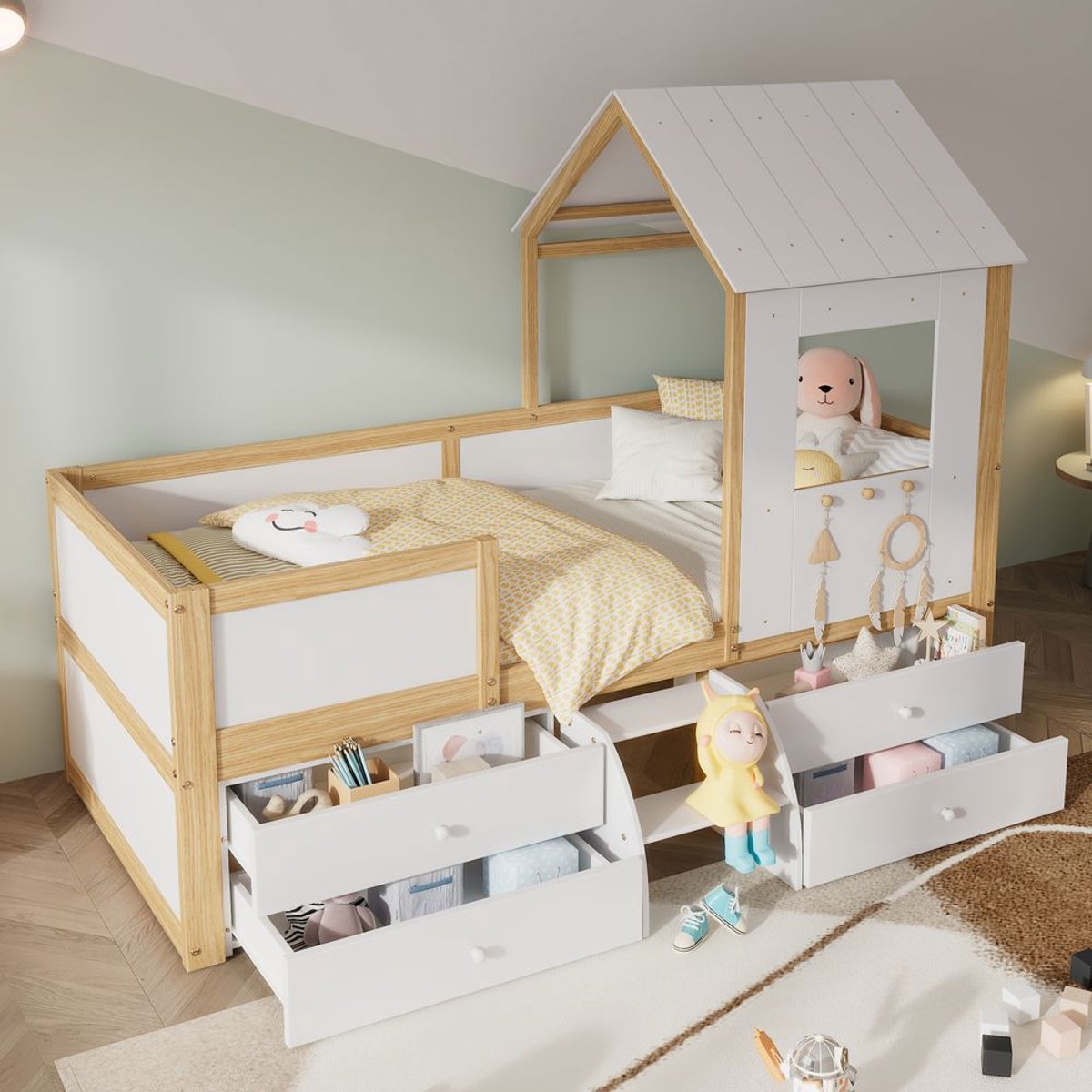 BLACKCOLORS - Kinderbed - Halfhoog Bed - Huisbed met Dak en Raam - Barrière aan Vier Zijden - 4 Lades en Kleine Trap - Grenen, MDF, Multiplex - Wit en Naturel - 90x200 cm