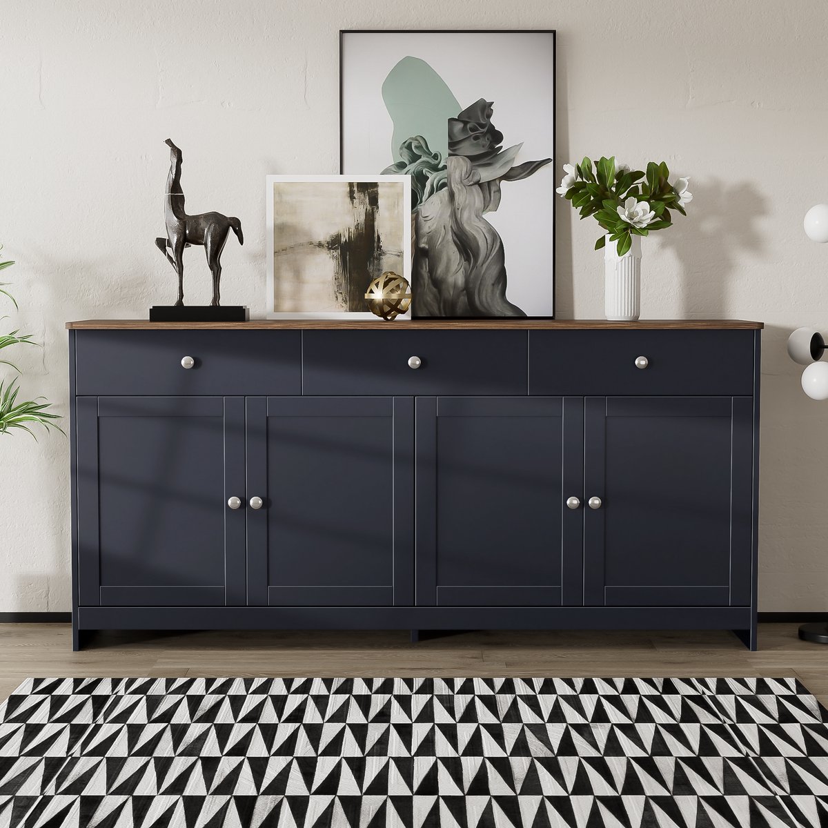 MODFU Grijs-Zwart Sideboard met Houtnerf, 4 Deuren en 3 Lades, Voor Woonkamer of Eetkamer, Houtkleur en Grijs-Zwart Zwart + Grijs