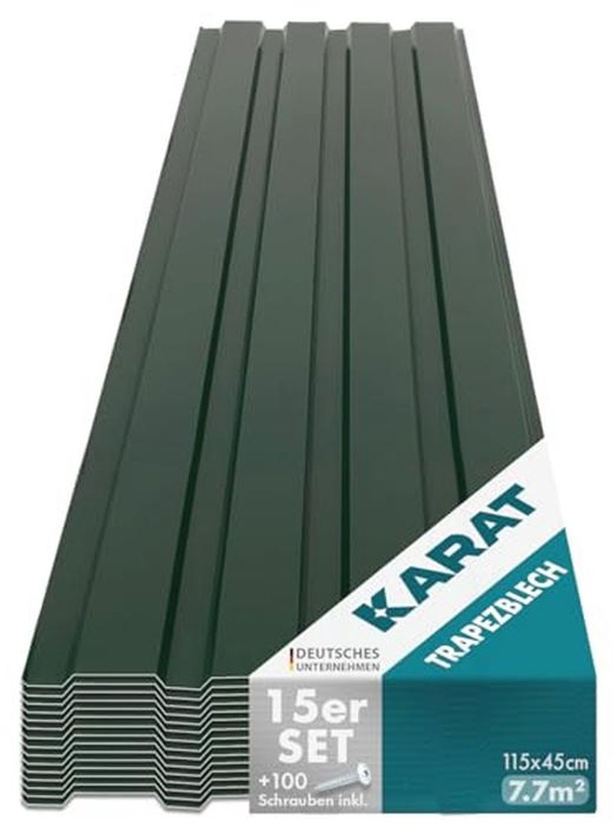 Karat Set of 15 Trapezoidal Sheets, 115 x 45 cm, Profile Sheet with Screws 7.7 m², Roof Sheet, Thickness 0.25 mm, Sheet Steel Roof Sheets, Wall Cladding (Green)