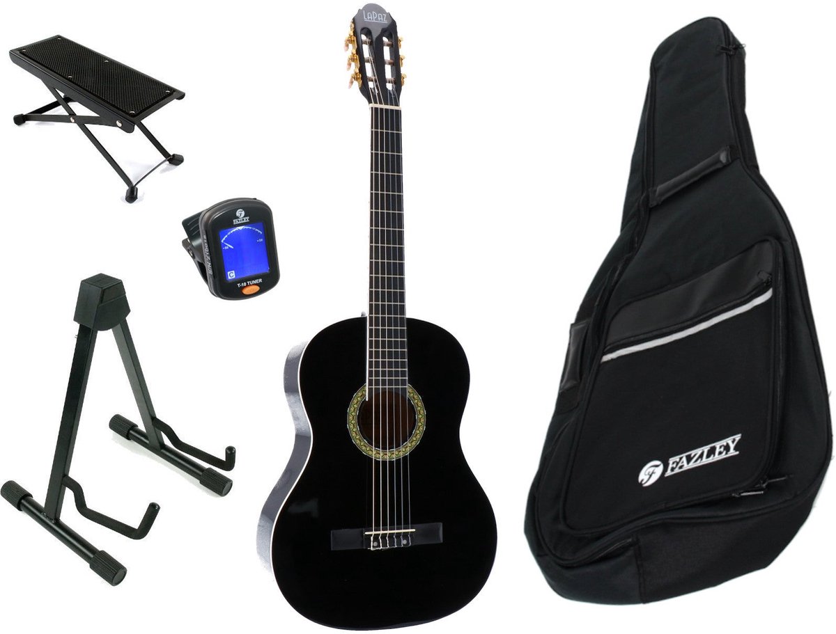 LaPaz 002 BK klassieke gitaar 4/4-formaat zwart + accessoires