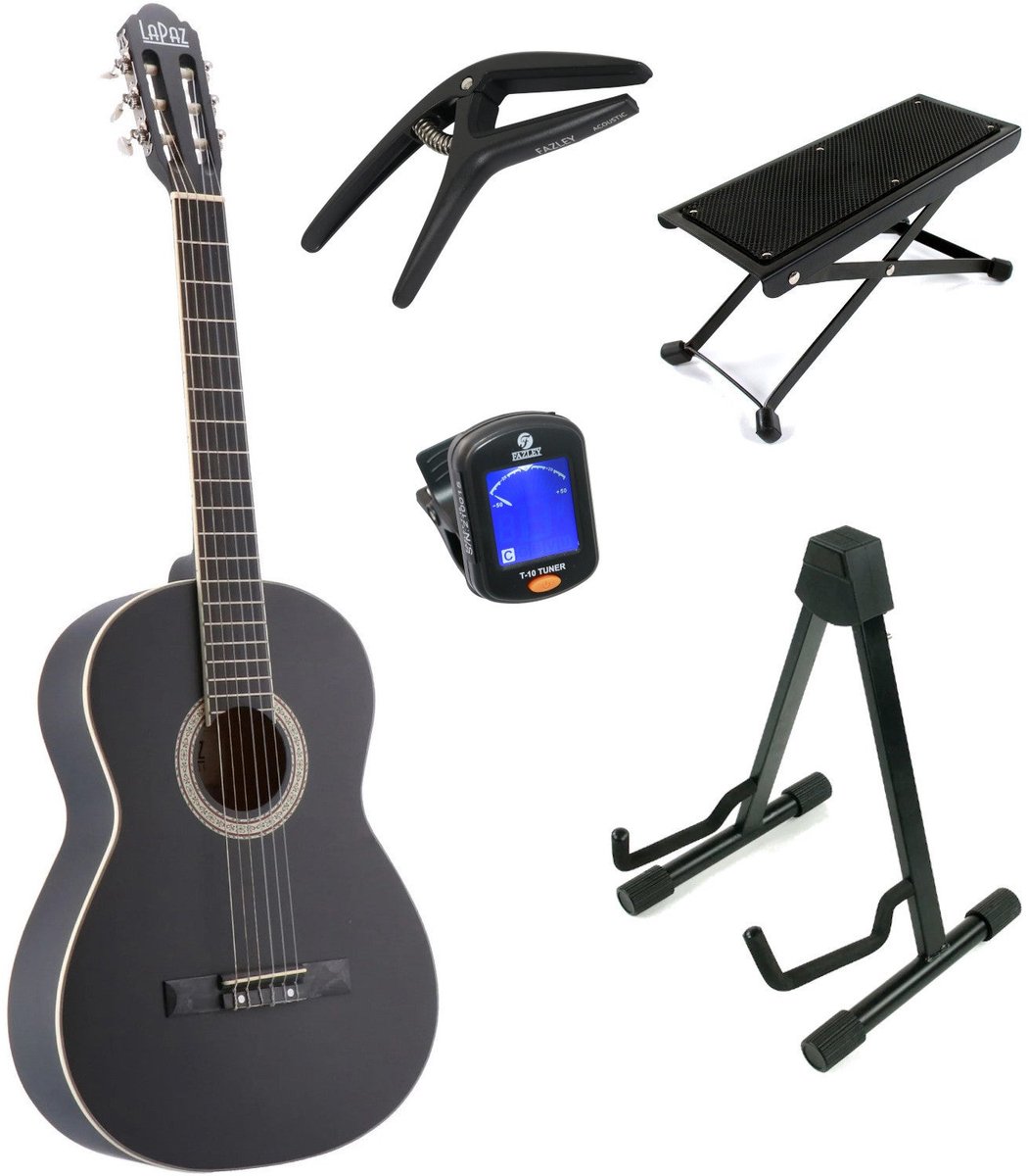 LaPaz C30BK klassieke gitaar 4/4-formaat zwart + statief + accessoires