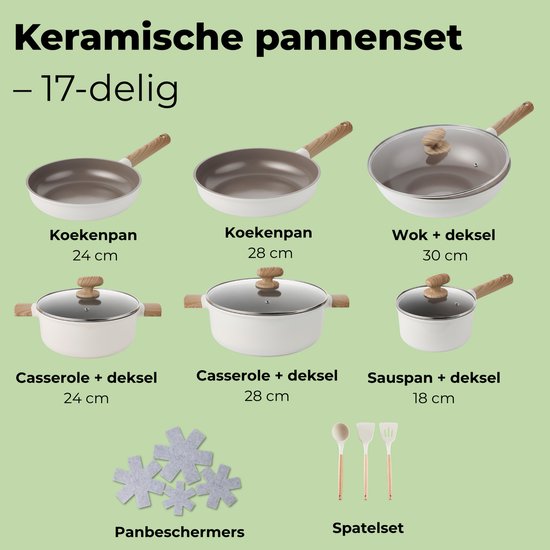 Un ensemble de 17 pièces de casseroles en céramique beiges, comprenant des poêles, des marmites, un wok, une petite casserole, des protège-casseroles et des spatules.