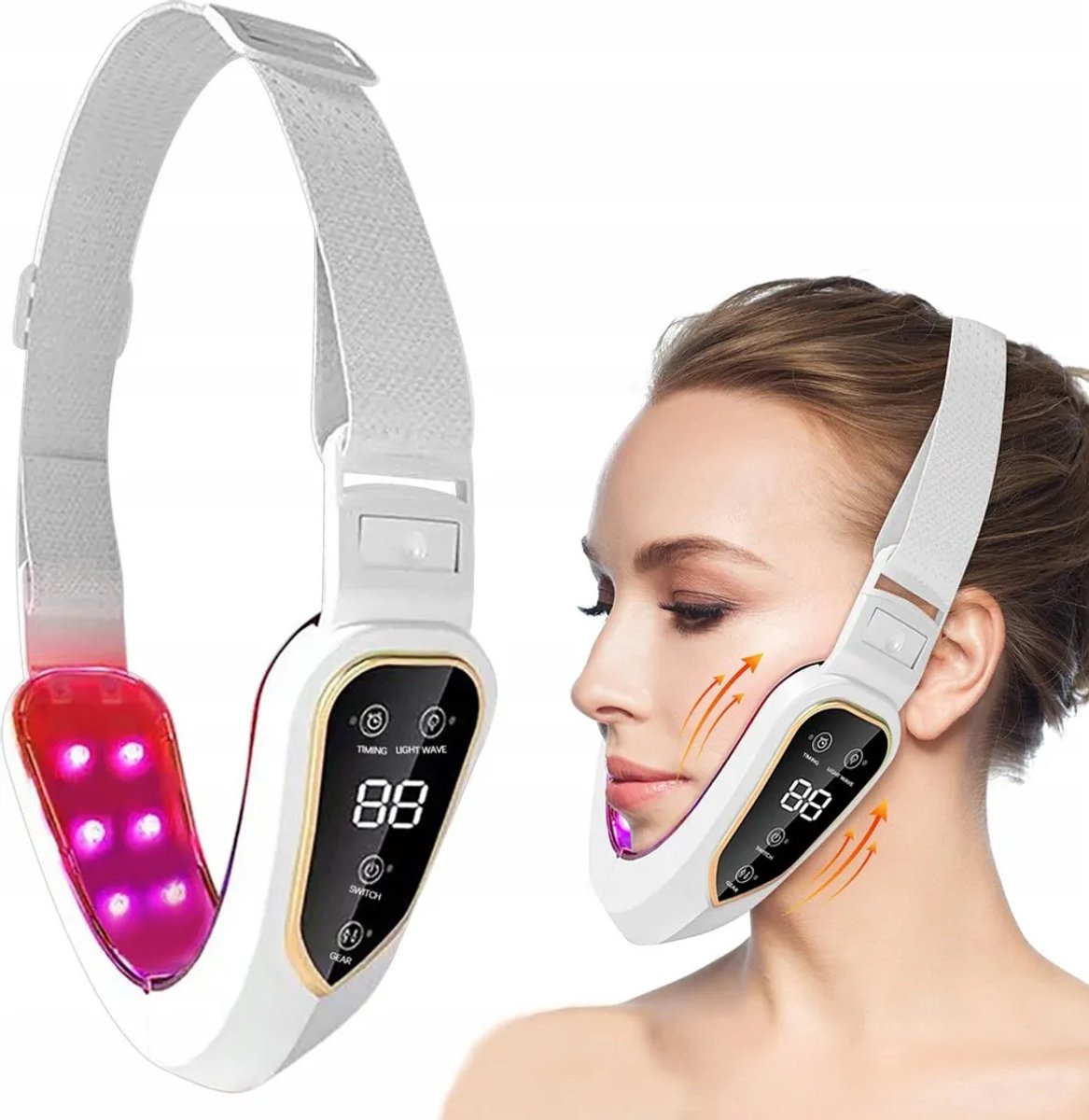 Elektrische V-vormige gezichtsmassager, kaaklijntrainer, gezichtsmassager met rood licht en 5 standen, V-vormige kaaklijntrainer Geschikt voor het verwijderen van een dubbele kin