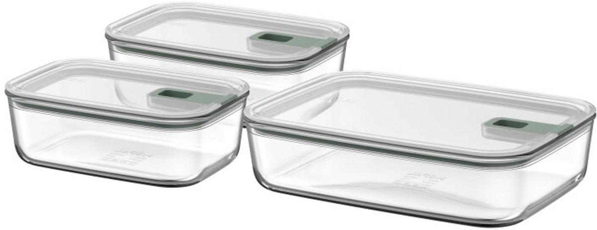 Mepal Glazen Vershouddoos set EasyClip - 2x 1000 + 2250 ml - Glazen vershoudbakjes met schuifsluiting - Geschikt voor magnetron, (stoom)oven, koelkast en vriezer - Nordic sage