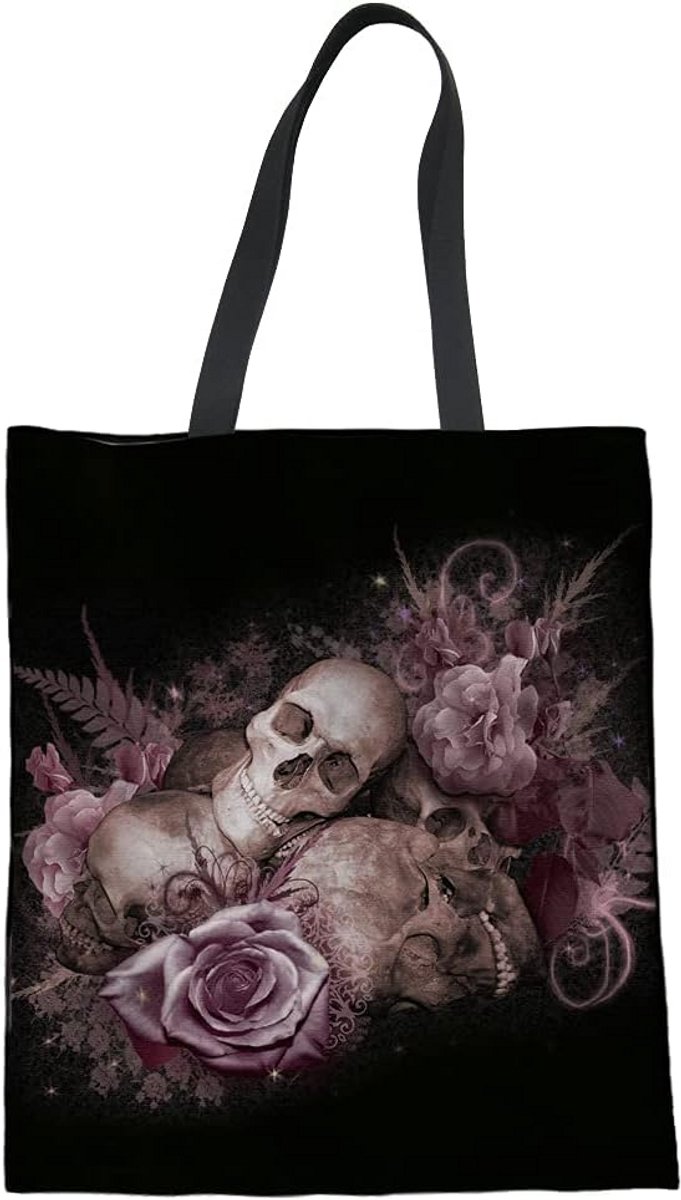 Canvas tote bag, flower skull print, katoen en linnen, 34 x 42 cm, vouwbaar, handwas