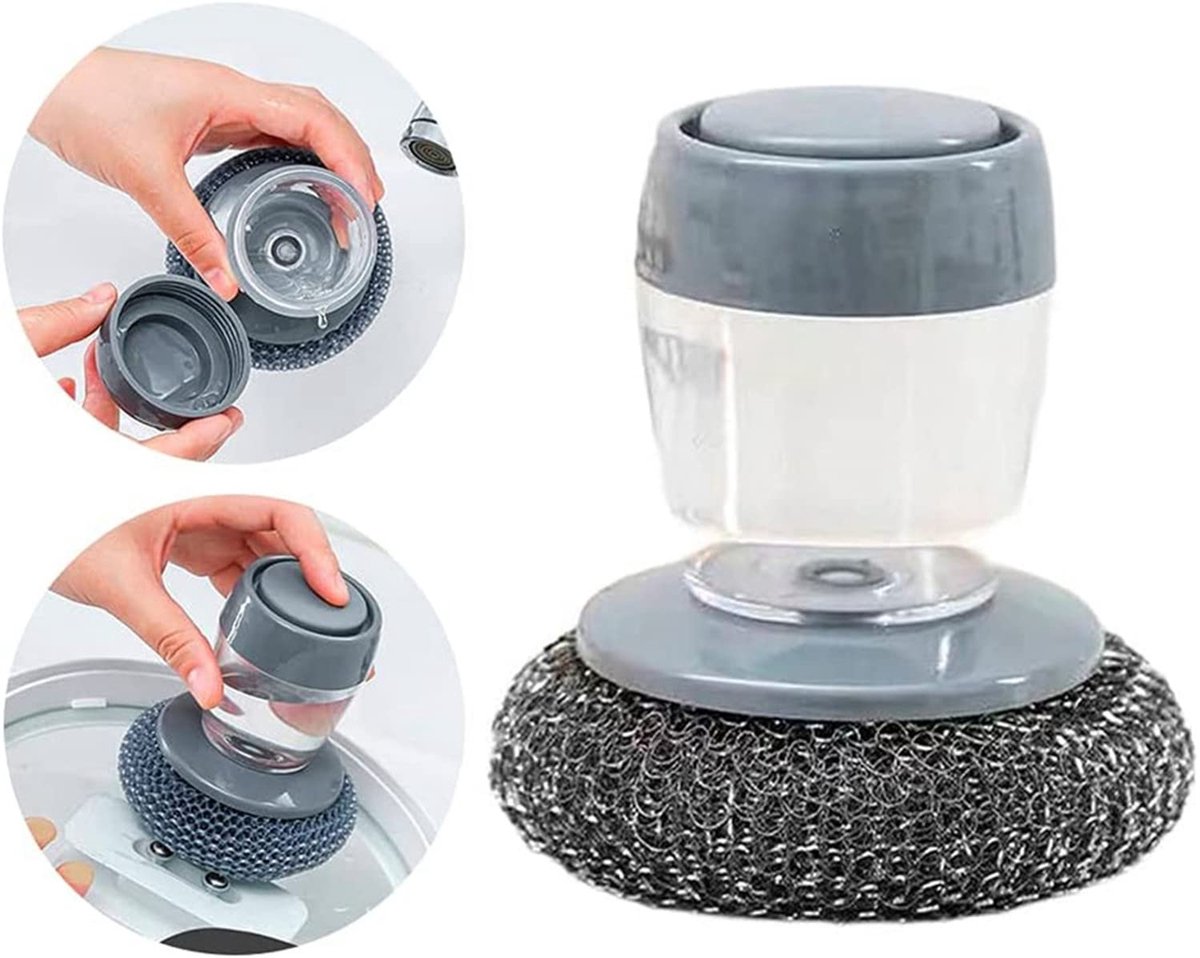 Zeepdispenserborstel, afwasborstel, schrobborstel met handvat, PET- en draadborstel met zeepdispenser voor de keuken, geschikt voor keuken en badkamer (staaldraad).