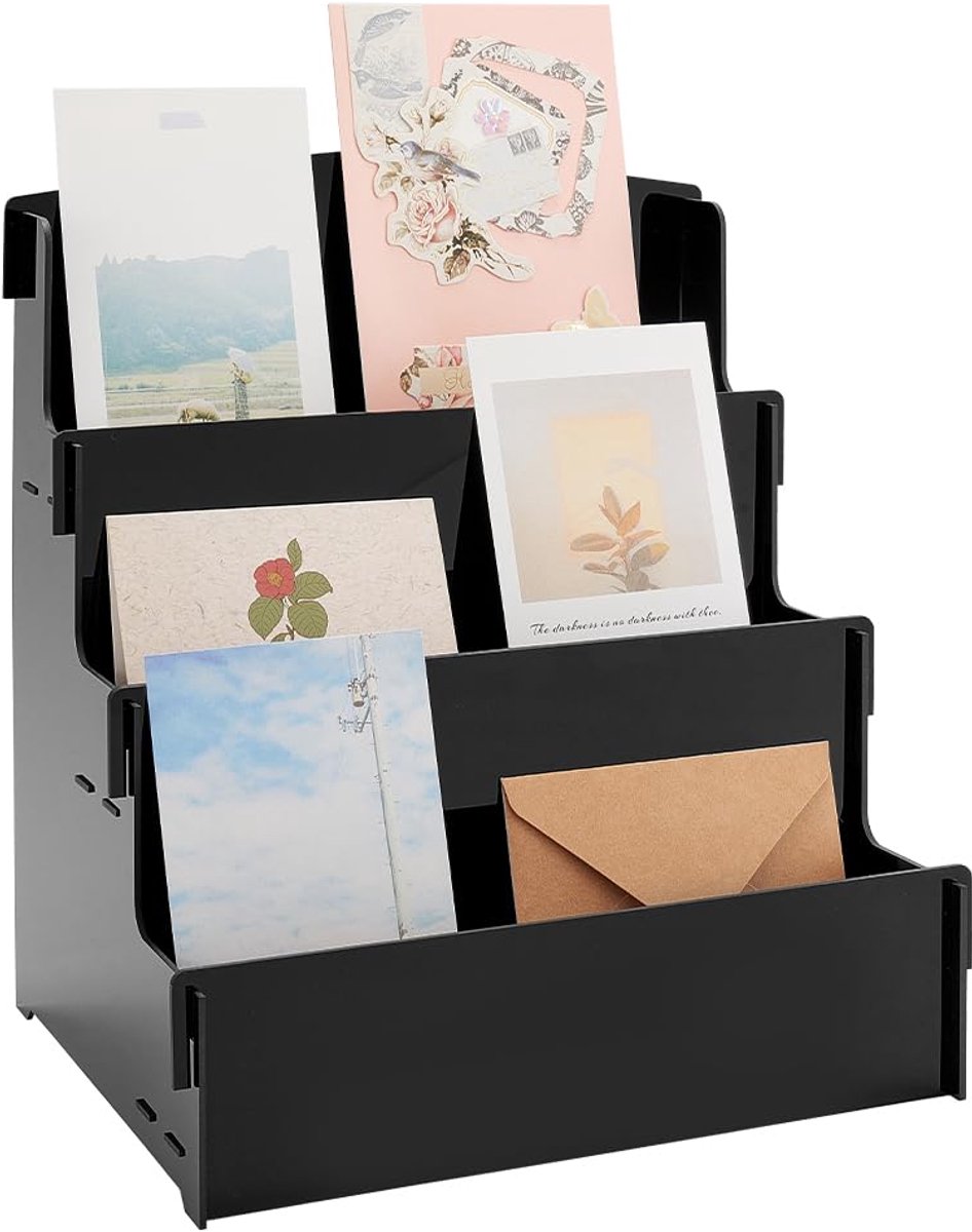 3-laags displaystandaard voor wenskaarten, stickers, stripboeken, organizer, draagbare ansichtkaarten- en brochurehouder, acrylstandaard voor leveranciers, evenementen, kleine bedrijven, toonbank, 11,8 x 10,6 x 8,2 cm.