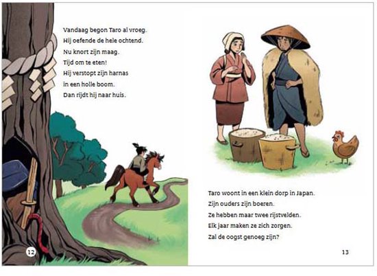 Jongen op een paard rijdt weg van een boom. Een vrouw en man met hoeden bij emmers. Een kip.