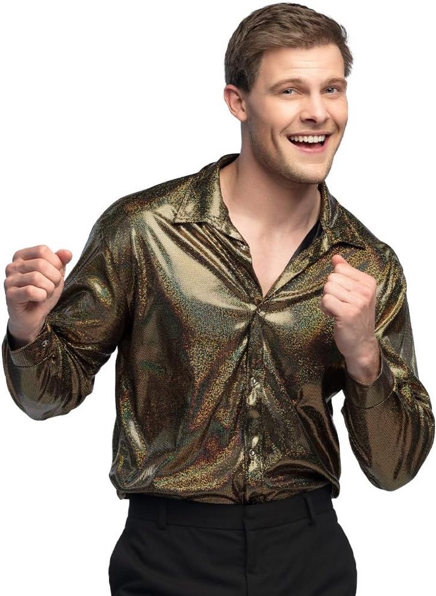 Gouden glanzende herenshirt - disco en feestshirt voor carnaval en themafeesten