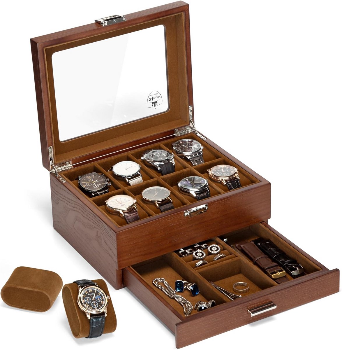 Handgemaakte Houten Horlogebox met 8 Vakken en Glasdeksel - Opbergdoos voor Horloges met Lade