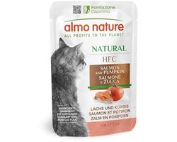 Almo Nature HFC Natural - Gourmet Natvoer voor Volwassen Katten - Zalm en Pompoen - Monoproteïne, Human Grade, Glutenvrij - 55g, Pak van 24
