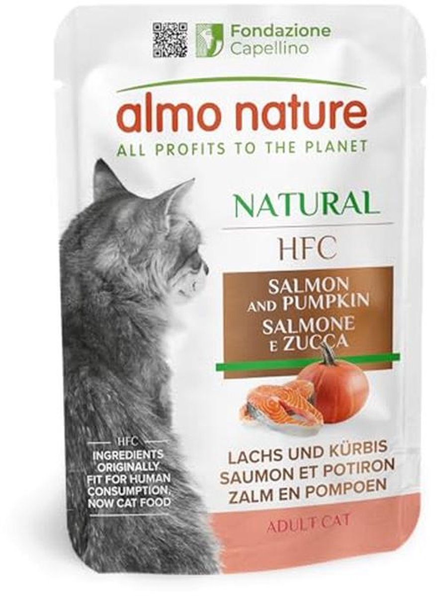Almo Nature HFC Natural - Gourmet Natvoer voor Volwassen Katten - Zalm en Pompoen - Monoproteïne, Human Grade, Glutenvrij - 55g, Pak van 24