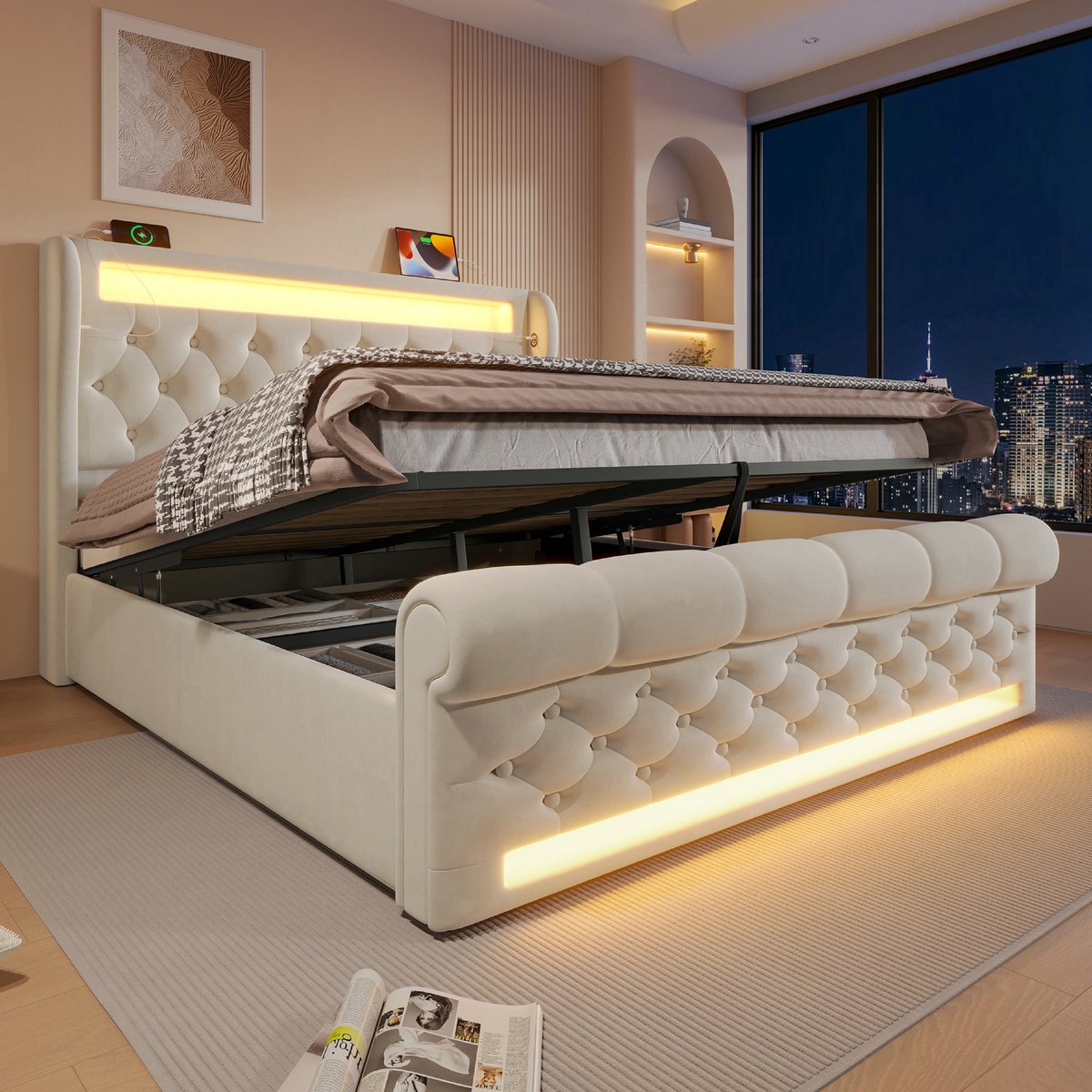 VVBV Gestoffeerd bed - tweepersoonsbed 140x200 cm met LED-verlichting met USB- en Type-C-poorten met opbergruimte - beige - zonder matras