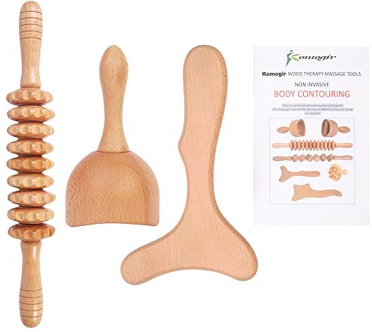 3-in-1 Anti-Cellulitis Houten Massageset met Zweedse Massagerol en Contourplank voor Maderotherapia