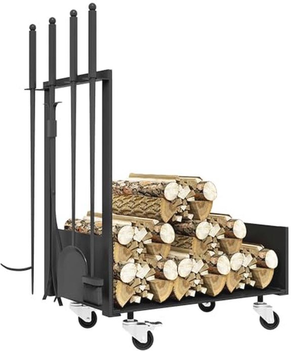 Houthouder met Wielen en Gereedschap voor Binnen, Belasten tot 60 kg, 48 x 30 x 76 cm, Zwart