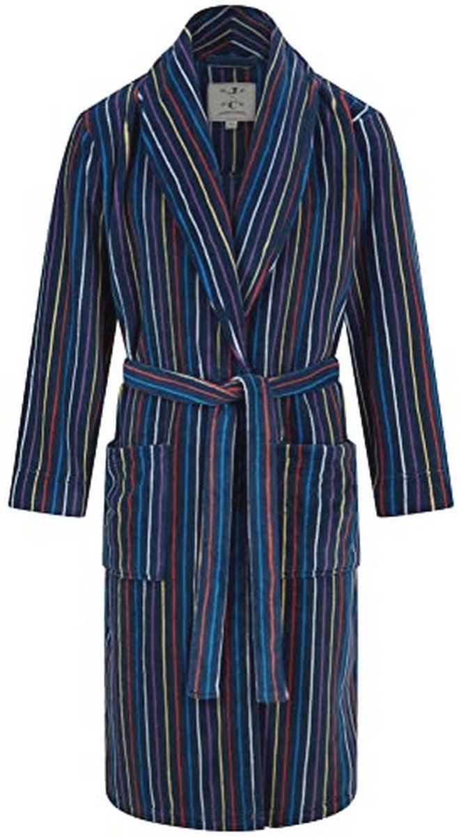 Warme fleece ochtendjas voor heren - marineblauw met veelkleurige strepen
