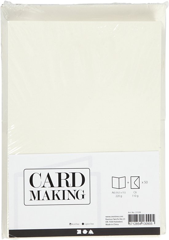 Emballage de 50 cartes vierges blanc cassé, format A6 (10,5 x 15 cm) et enveloppes C6.