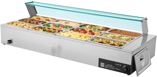 Commerciële Voedselverwarmer - Elektrische Bain-marie/Chafing Dish - Vermogen 1,7 kW - Set 12x GN 1/3 Bakken - RVS - Glazen Deksel - Met Soeplepel — afbeelding 3