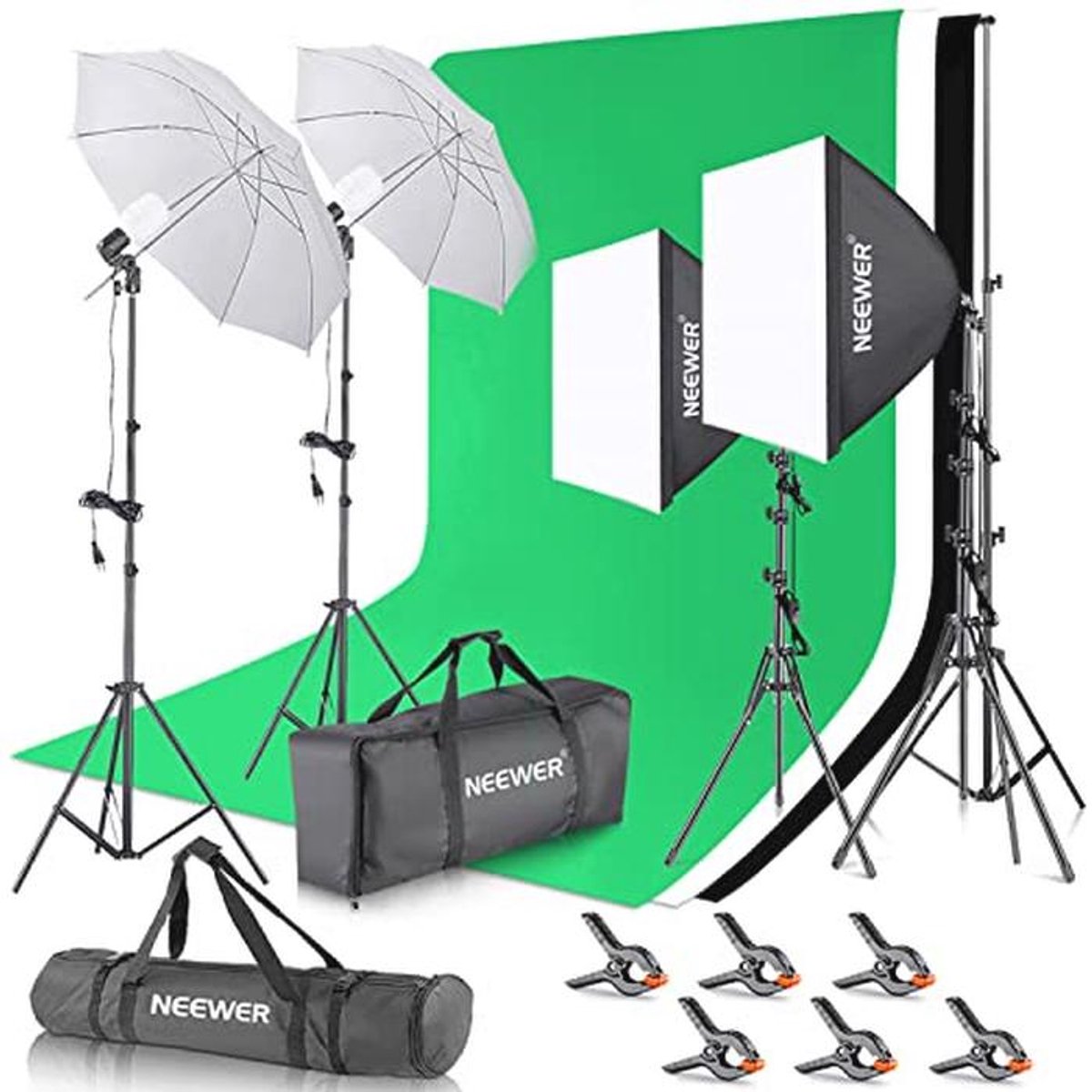 Achtergrondsteunsysteem met lampen, softboxen en lichtstatief voor fotografen