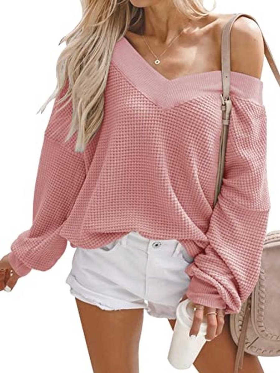 Dames V-hals oversized schoudervrije wafelgebreide trui - roze - L