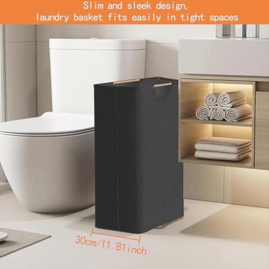 Smalle Wasmand voor 70 Liter, Vouwbare Wasbox met Houten Handvatten en Waterdichte Binnenvoering, 58 x 39,5 x 30 cm — afbeelding 5