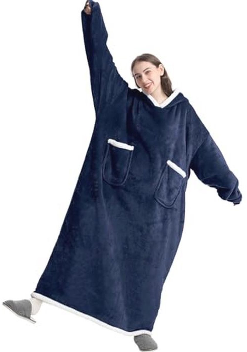 Overige Extra Lange Hoodie Deken - Draagbare Sherpa Deken met Mouwen en Zak (Marineblauw, 120 cm)